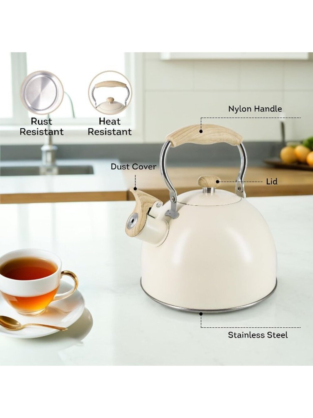 Matte Cream Kitchen Whistling Tea Kettle 2 Quart Stainless Steel Stovetop Teapot - Picture 4 of 6